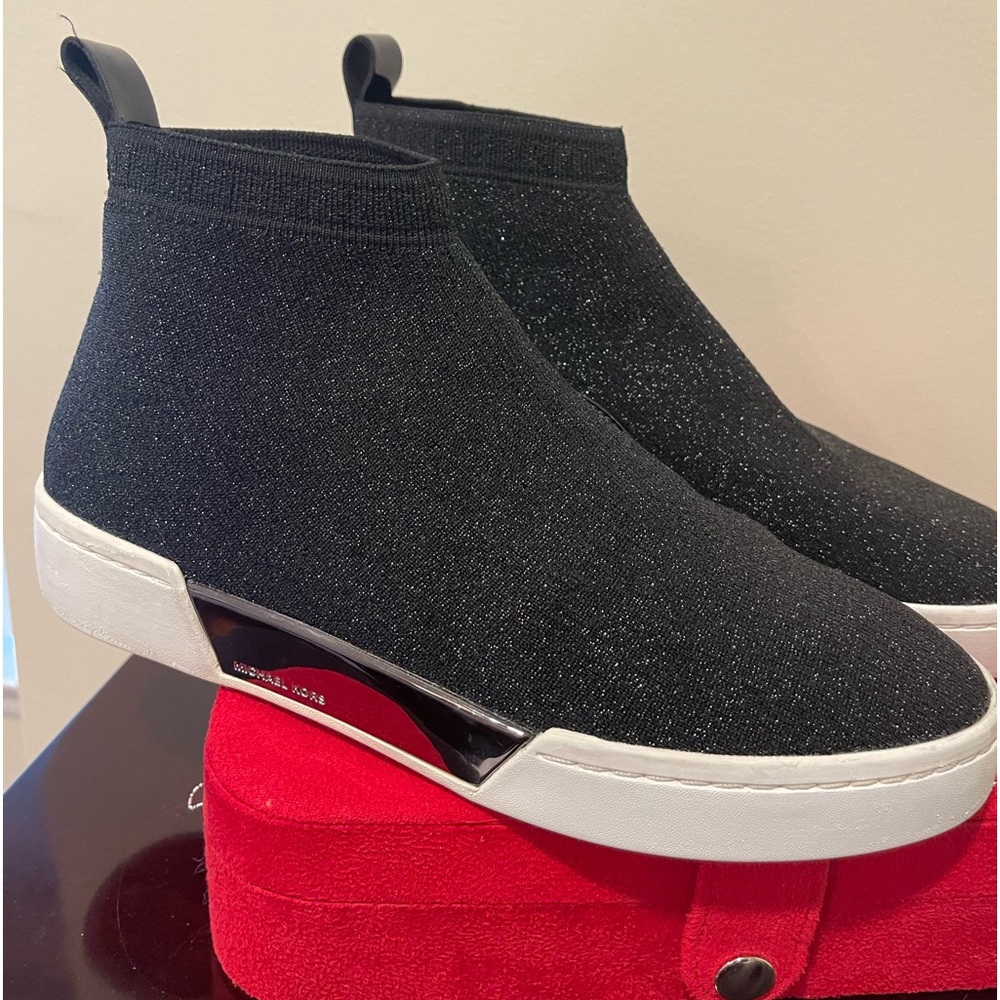 MICHAEL KORS black stretch-knit sock sneakers with little sparkle